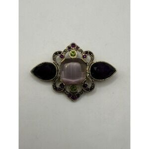 Vintage Statement Brooch Gold Tone Filigree with Purple Green Stones